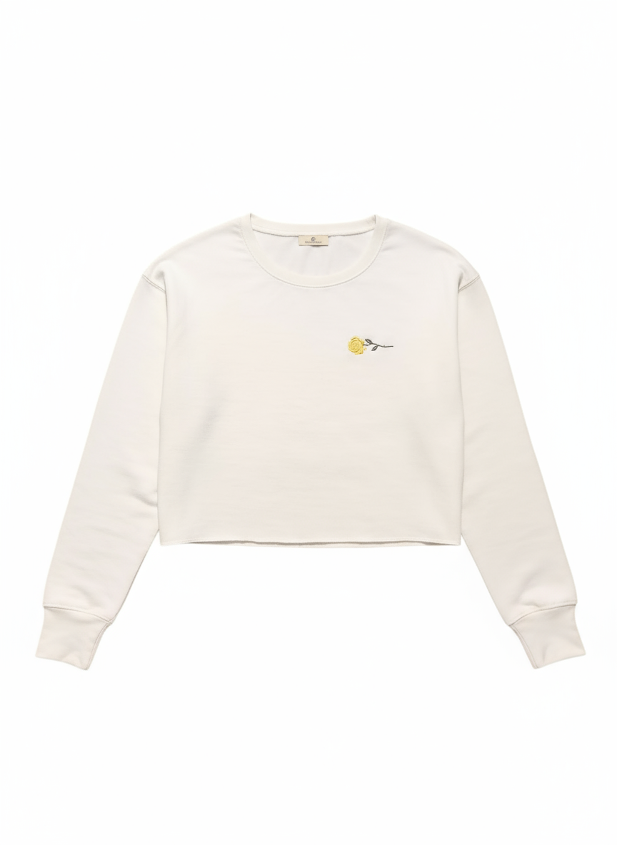 White Cropped Sweatshirt With Green And Yellow Rose