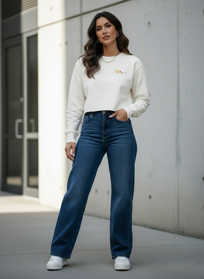 White Cropped Sweatshirt With Green And Yellow Rose