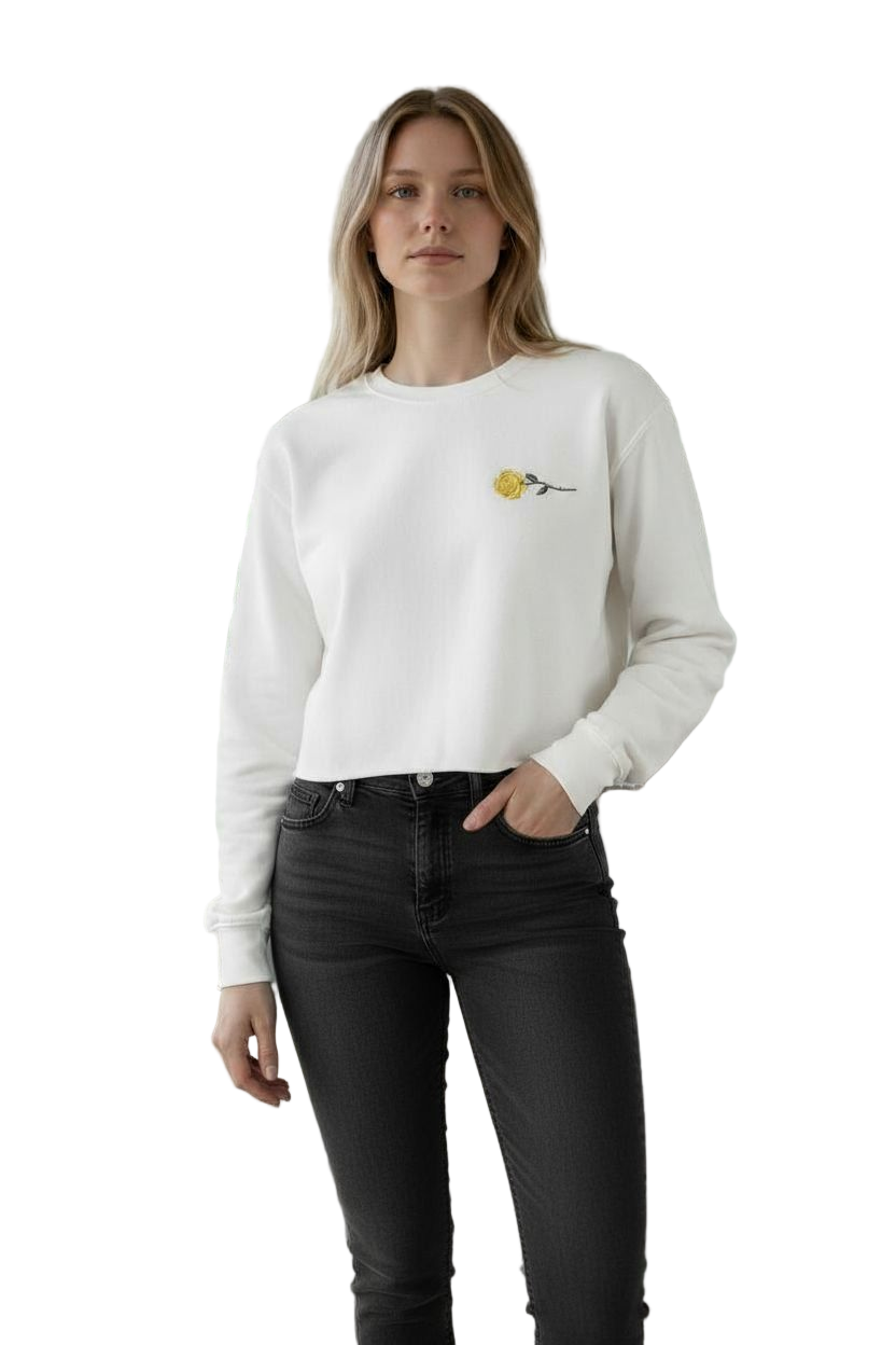 White Cropped Sweatshirt With Green And Yellow Rose