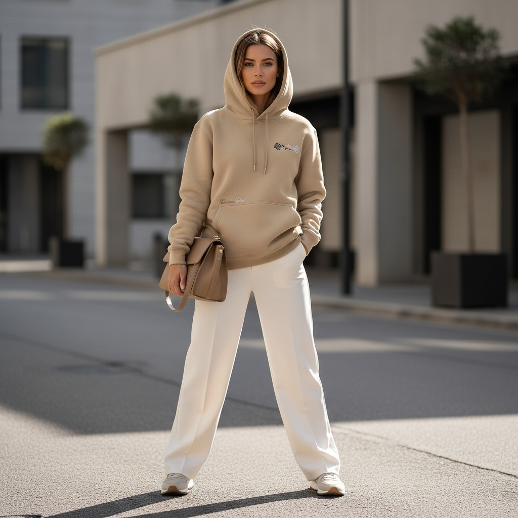 Unisex Beige Heavyweight Hoodie With Double Rose
