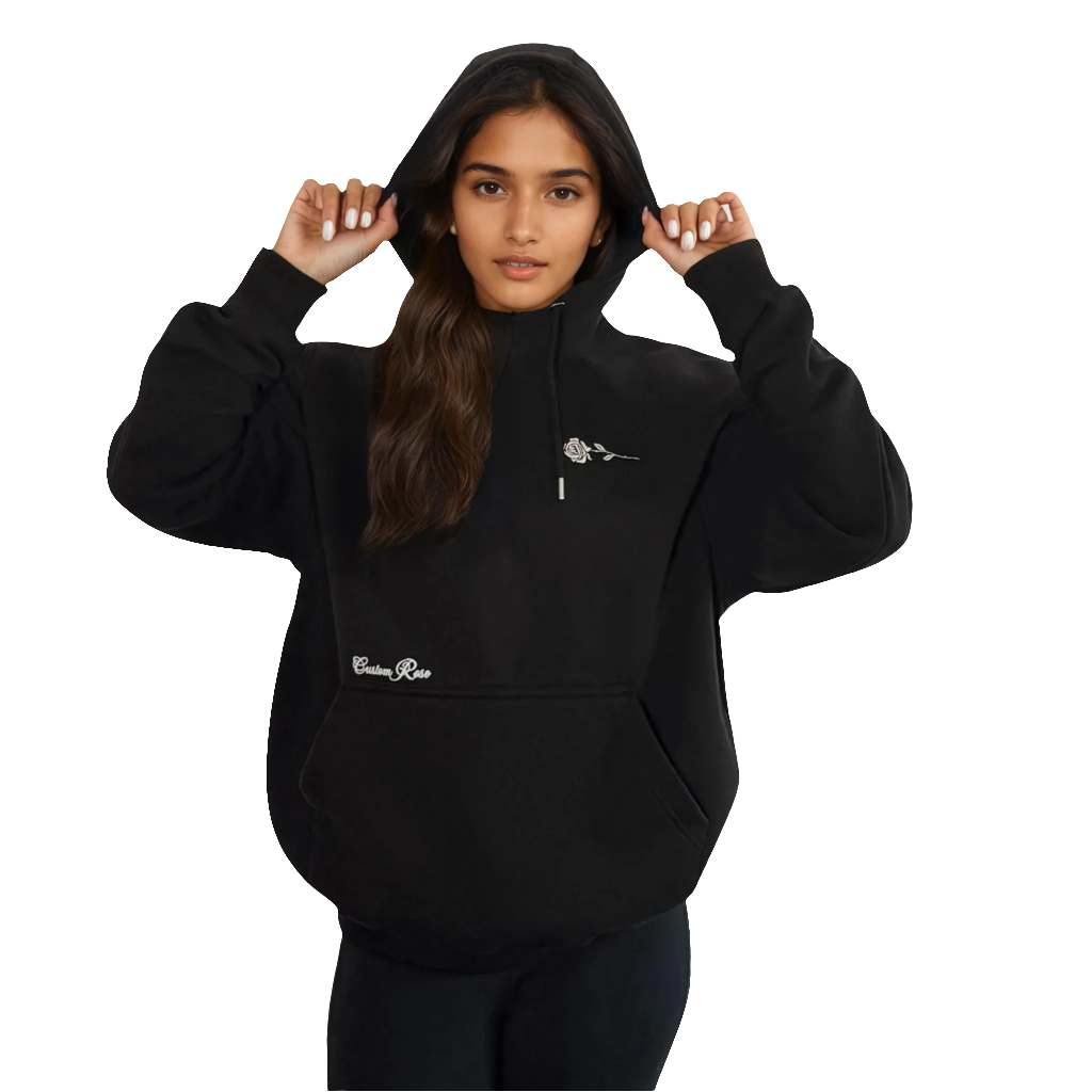 Unisex Black Premium Heavyweight Hoodie With White Rose