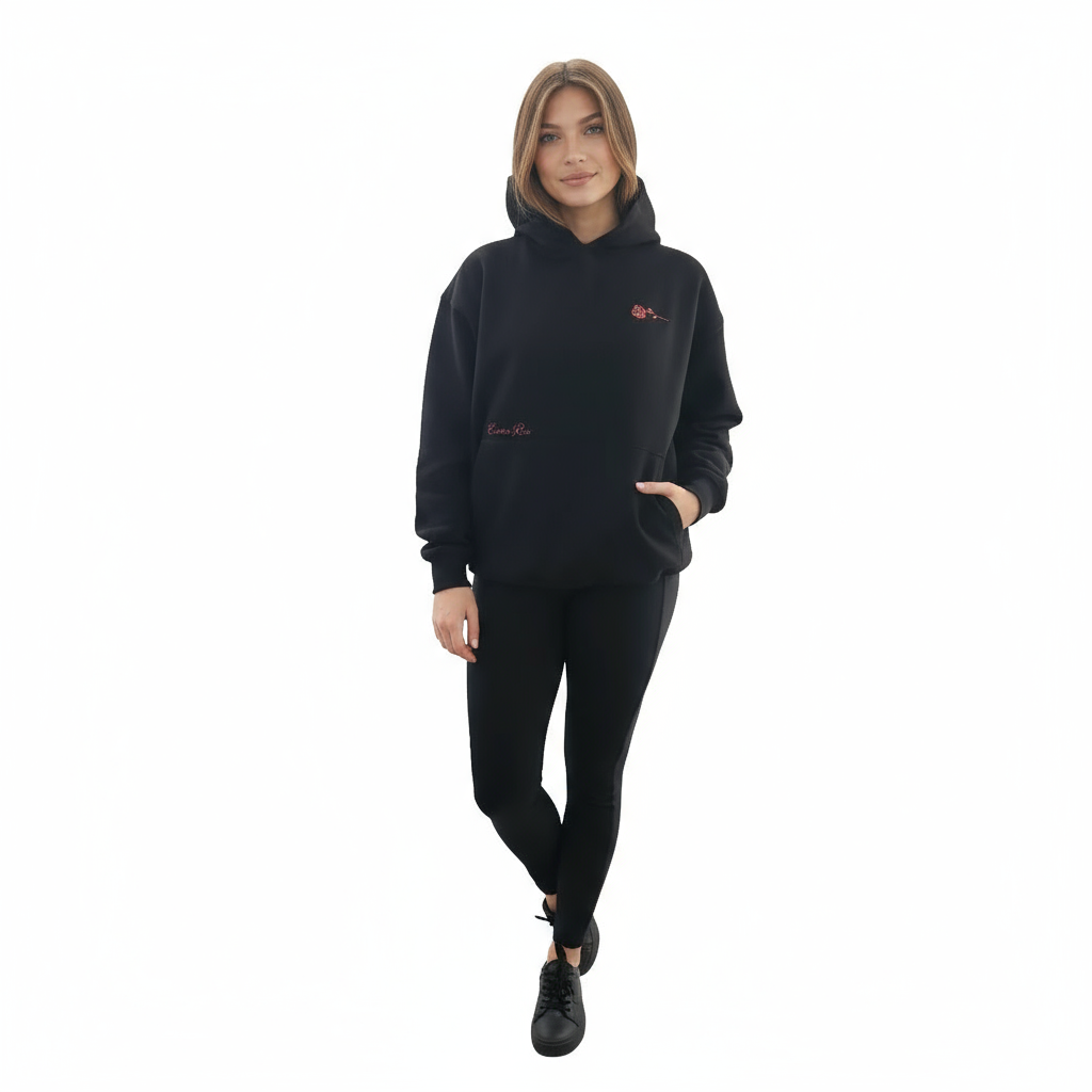 Max Heavyweight Oversized Black Hoodie With Pink Rose