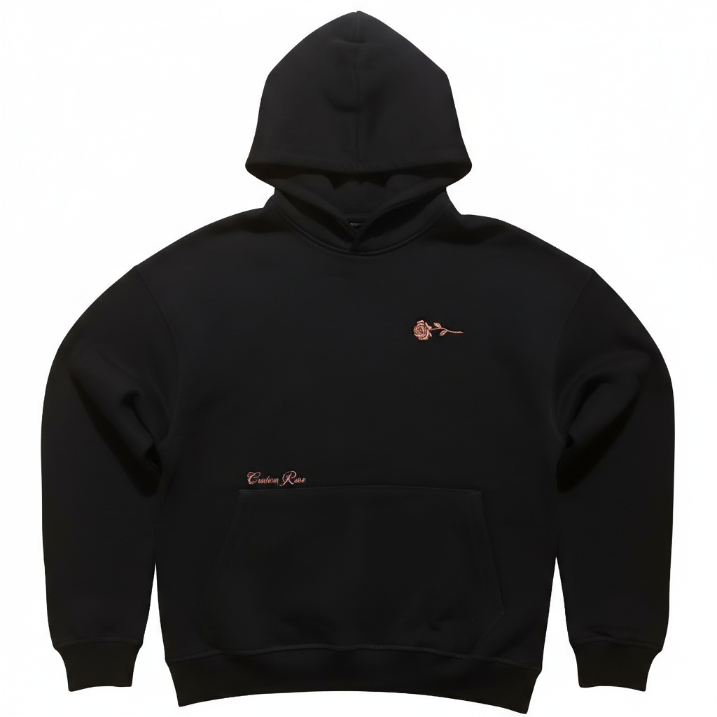 Max Heavyweight Oversized Black Hoodie With Pink Rose