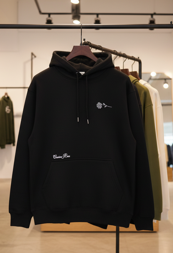 Unisex Black Premium Heavyweight Hoodie With White Rose