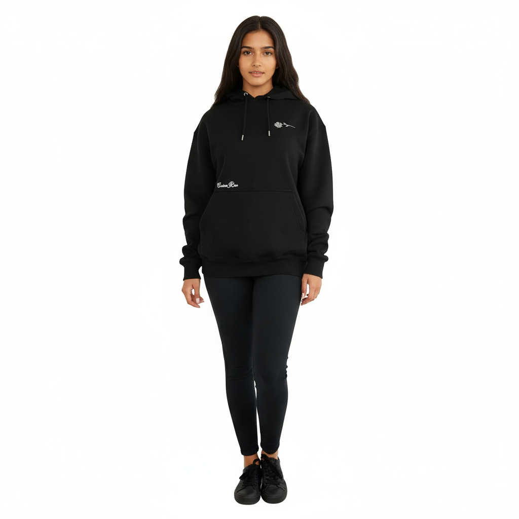Unisex Black Premium Heavyweight Hoodie With White Rose