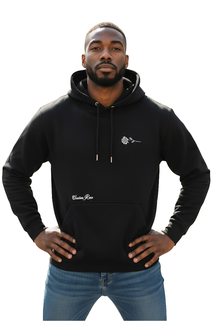 Unisex Black Premium Heavyweight Hoodie With White Rose