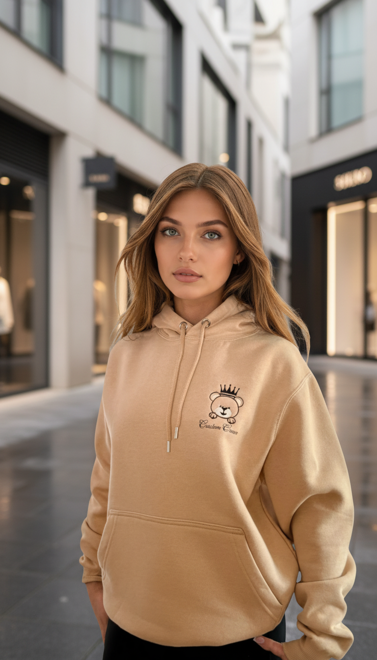 Unisex Beige Heavyweight Hoodie With Cute Teddy Wearing A Crown