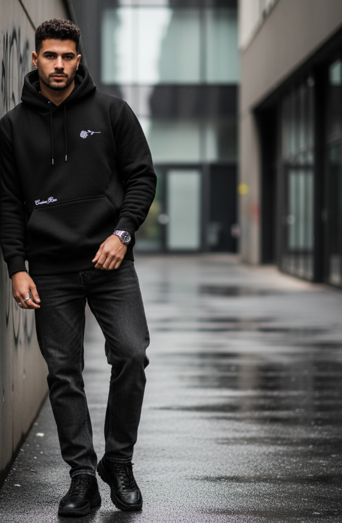 Unisex Black Premium Heavyweight Hoodie With White Rose