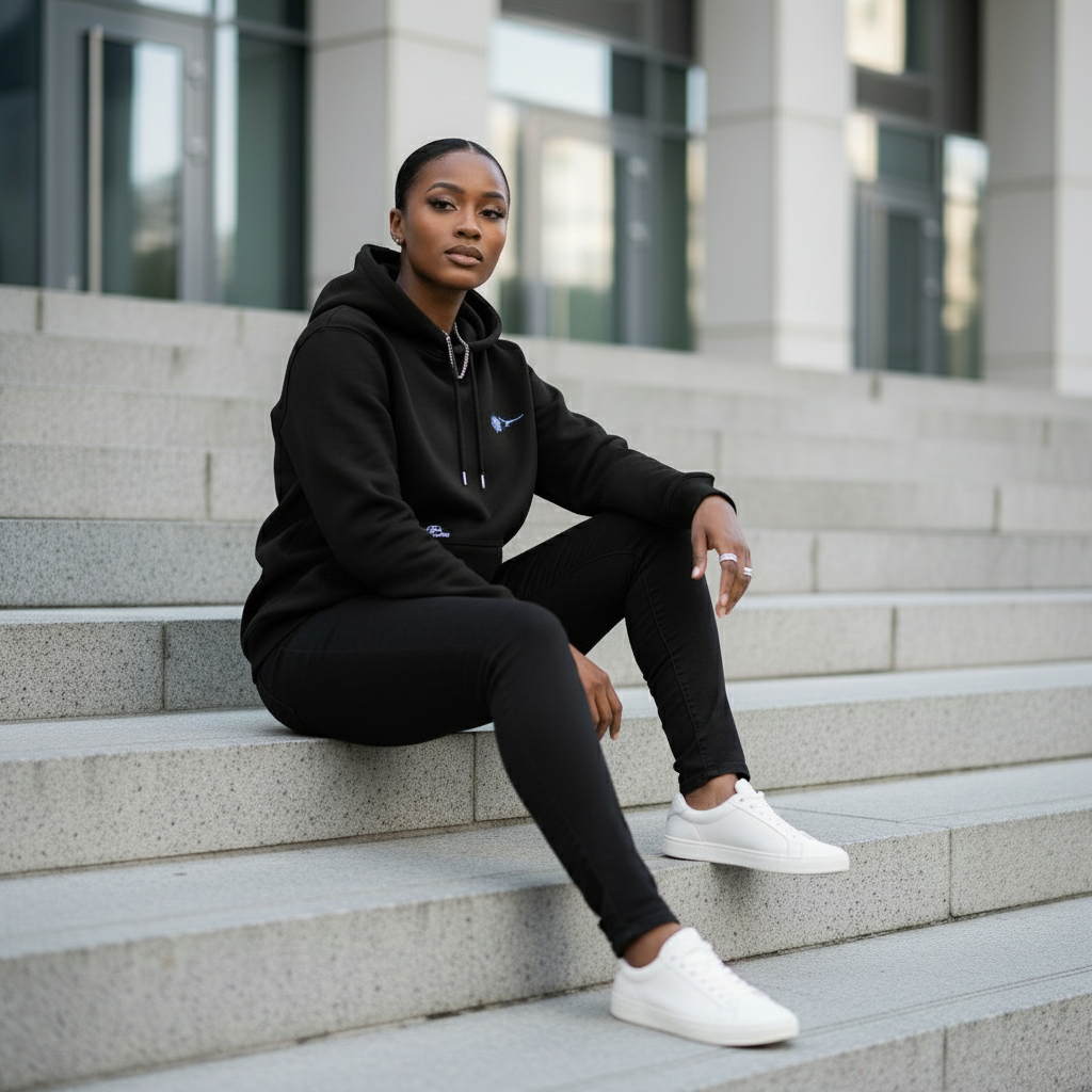 Unisex Black Premium Heavyweight Hoodie With White Rose