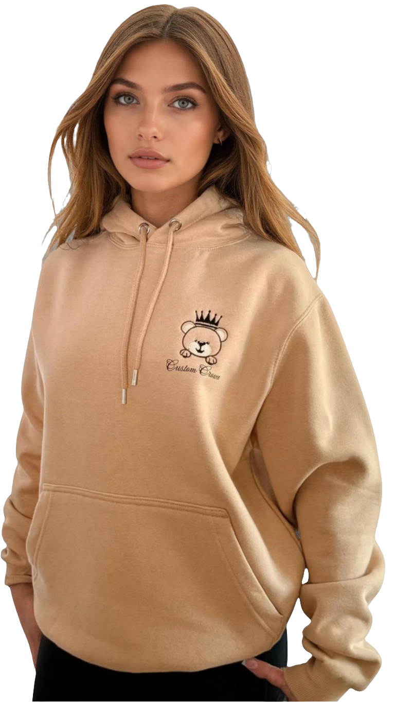 Unisex Beige Heavyweight Hoodie With Cute Teddy Wearing A Crown