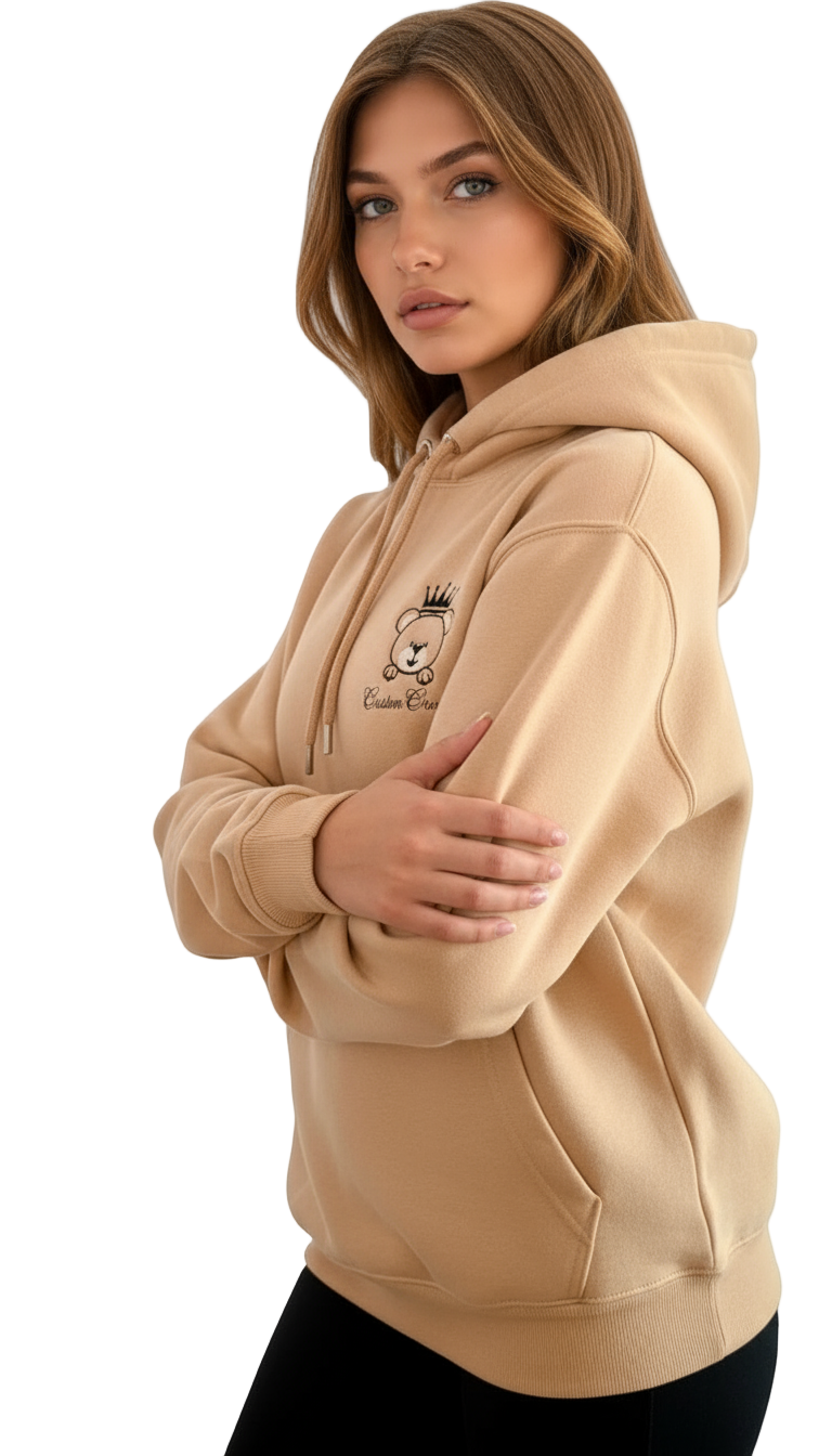 Unisex Beige Heavyweight Hoodie With Cute Teddy Wearing A Crown