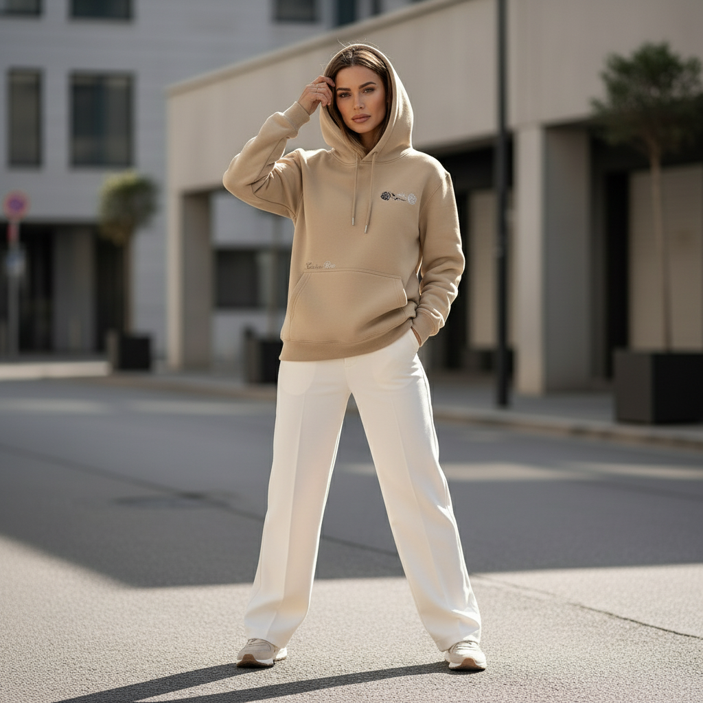 Unisex Beige Heavyweight Hoodie With Double Rose