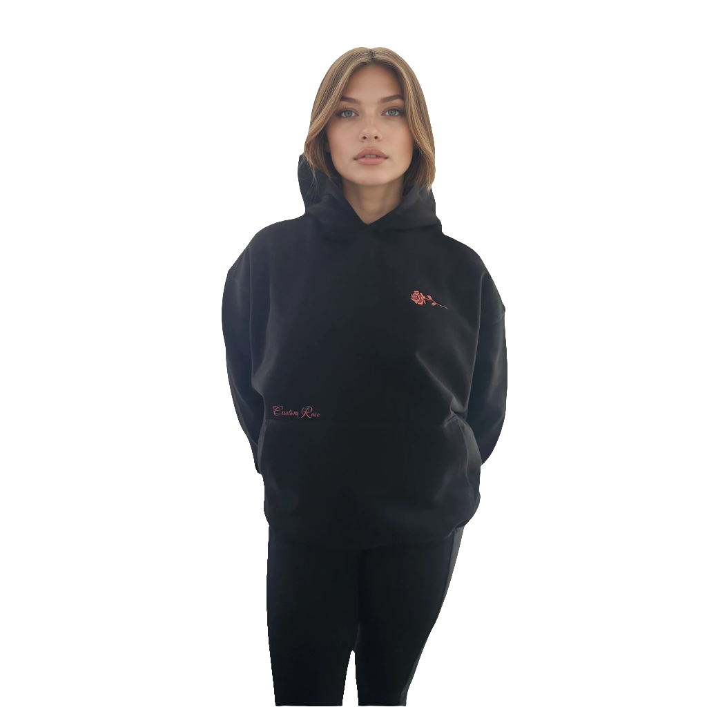Max Heavyweight Oversized Black Hoodie With Pink Rose