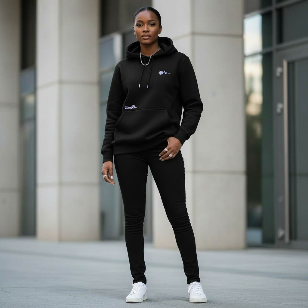 Unisex Black Premium Heavyweight Hoodie With White Rose