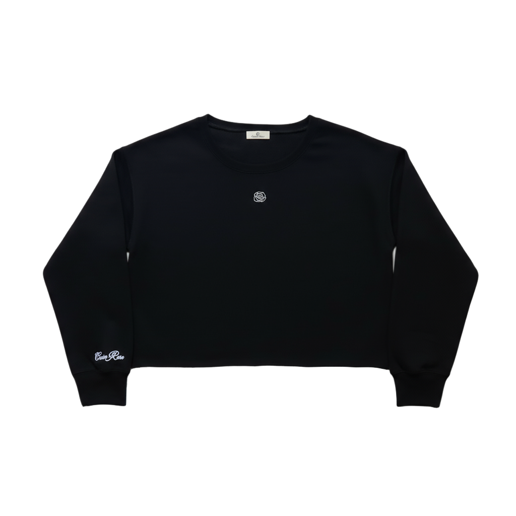 Black Cropped Sweatshirt With Outline Rose