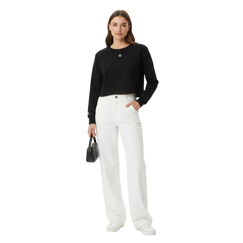 Black Cropped Sweatshirt With Outline Rose