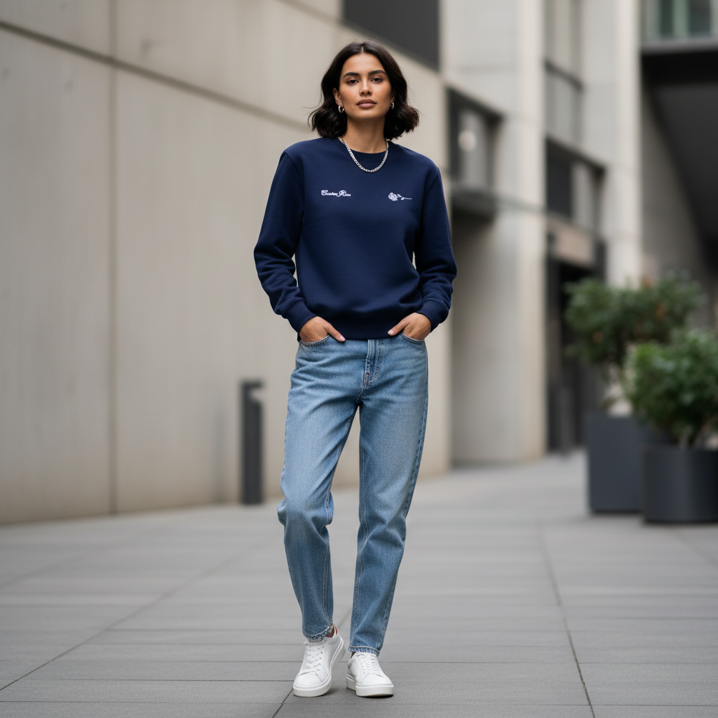 Navy Blue Crewneck Sweatshirt With Rose