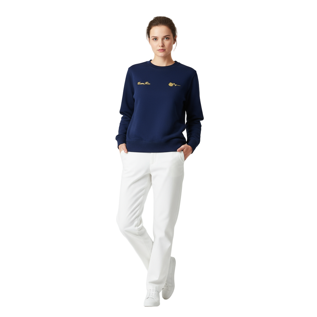 Navy Blue Crewneck Sweatshirt With Rose