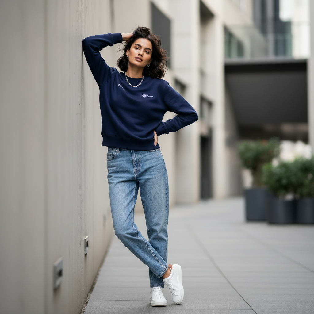 Navy Blue Crewneck Sweatshirt With Rose