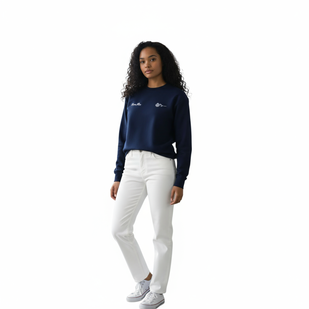 Navy Blue Crewneck Sweatshirt With Rose