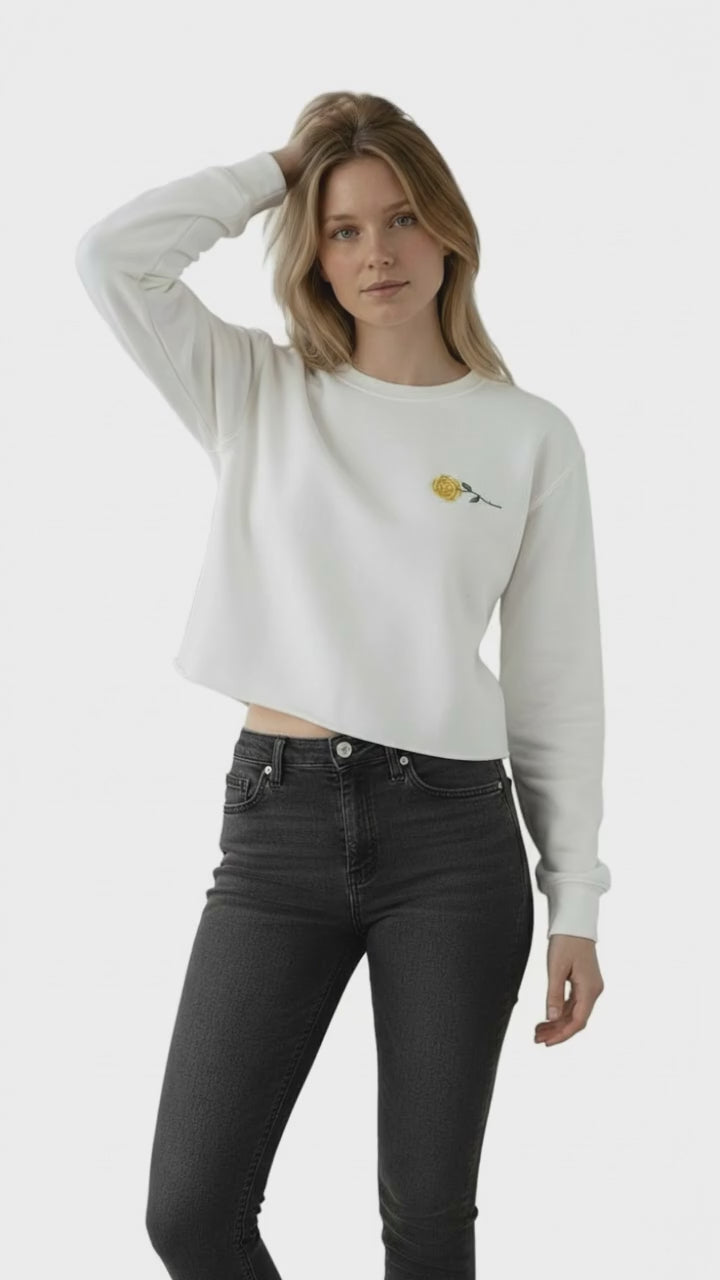 White Cropped Sweatshirt With Green And Yellow Rose