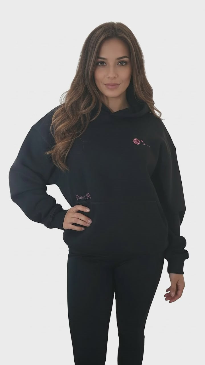 Max Heavyweight Oversized Black Hoodie With Pink Rose
