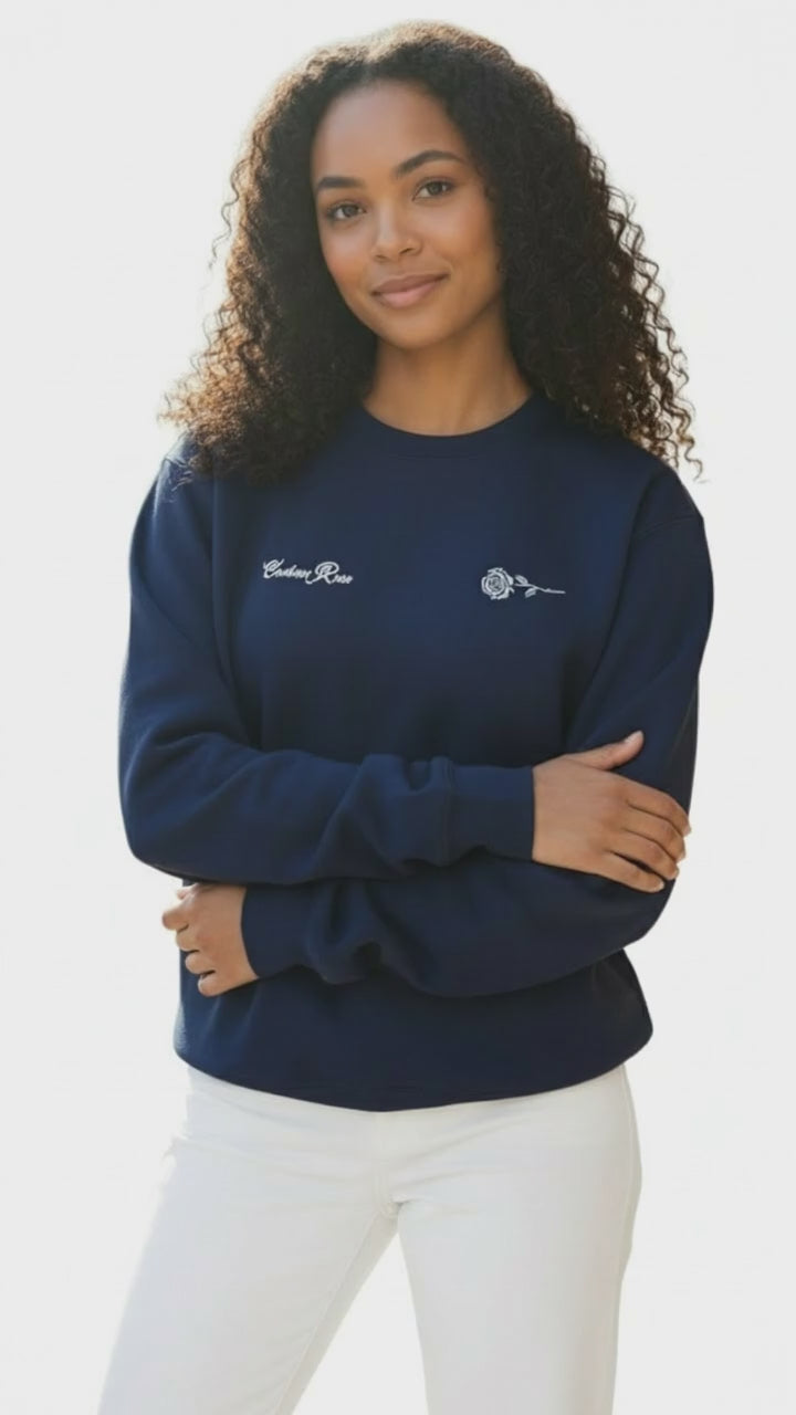Navy Blue Crewneck Sweatshirt With Rose
