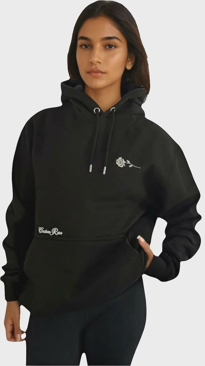 Unisex Black Premium Heavyweight Hoodie With White Rose