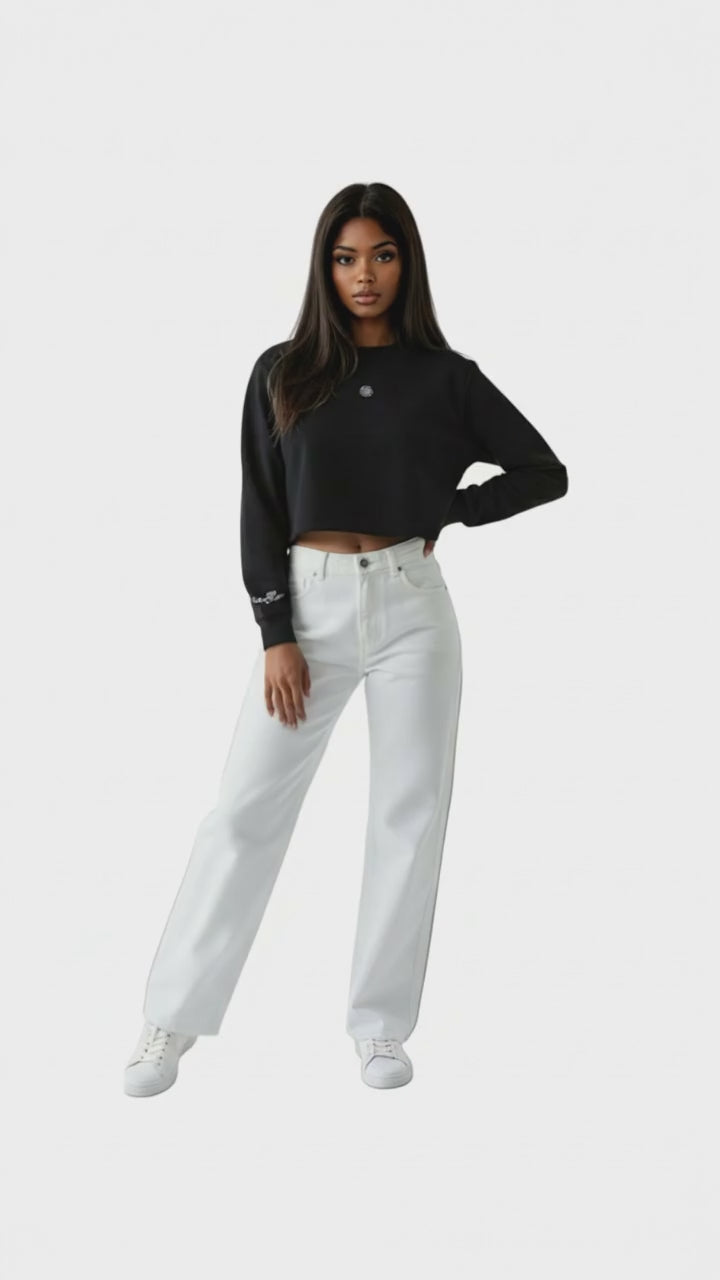 Black Cropped Sweatshirt With Outline Rose