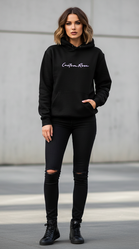 Black Heavyweight Hoodie With Heart Shape Design On The Back