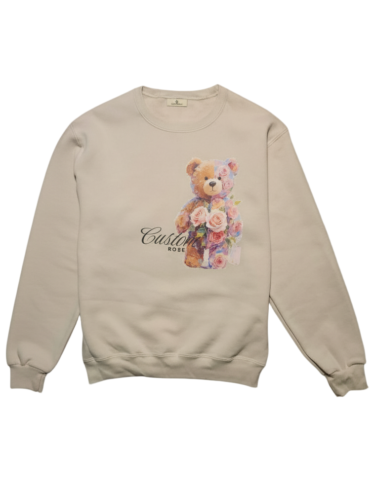 Beige Boxy Fit Crewneck With Teddy Bear