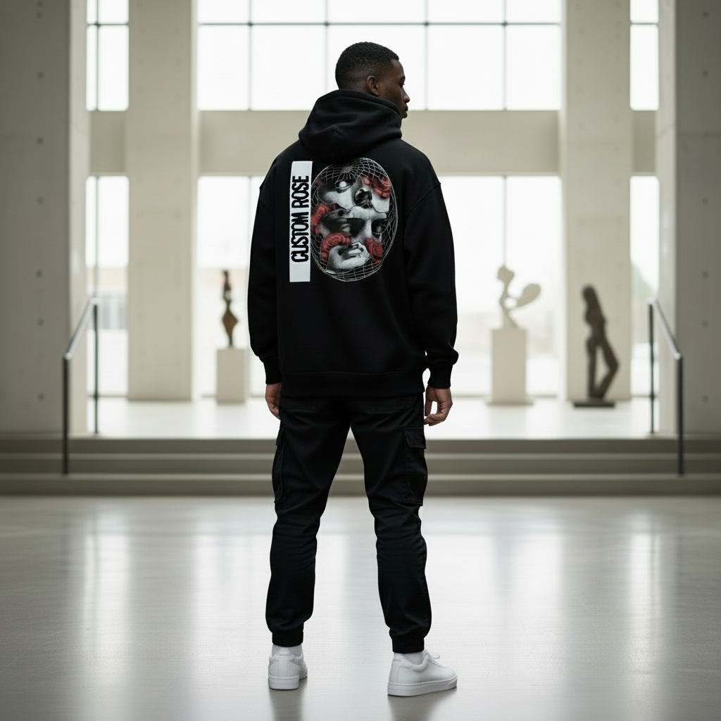 Black Heavyweight Hoodie With Graphic On The Back