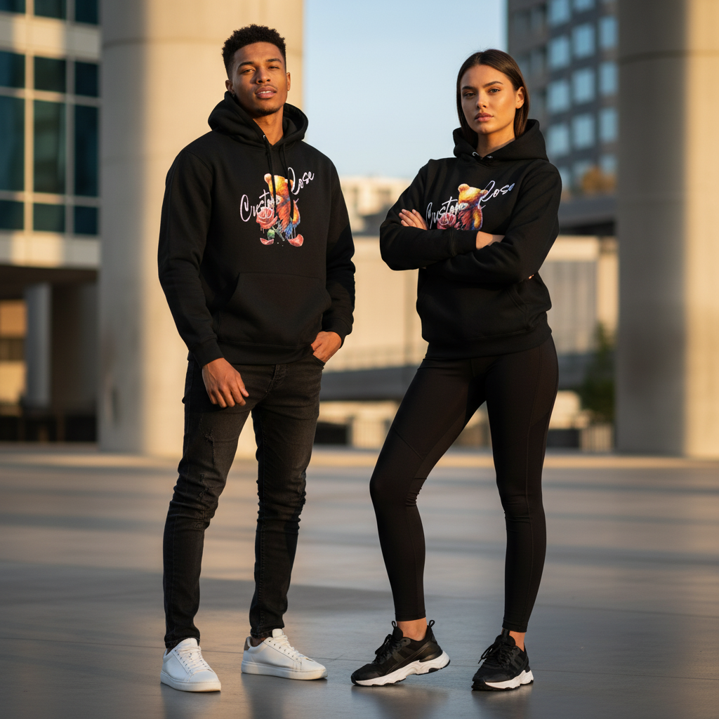 Black Heavyweight Hoodie With Teddy Bear Fading Into A Rose