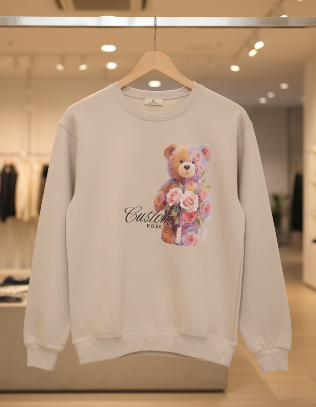 Beige Boxy Fit Crewneck With Teddy Bear