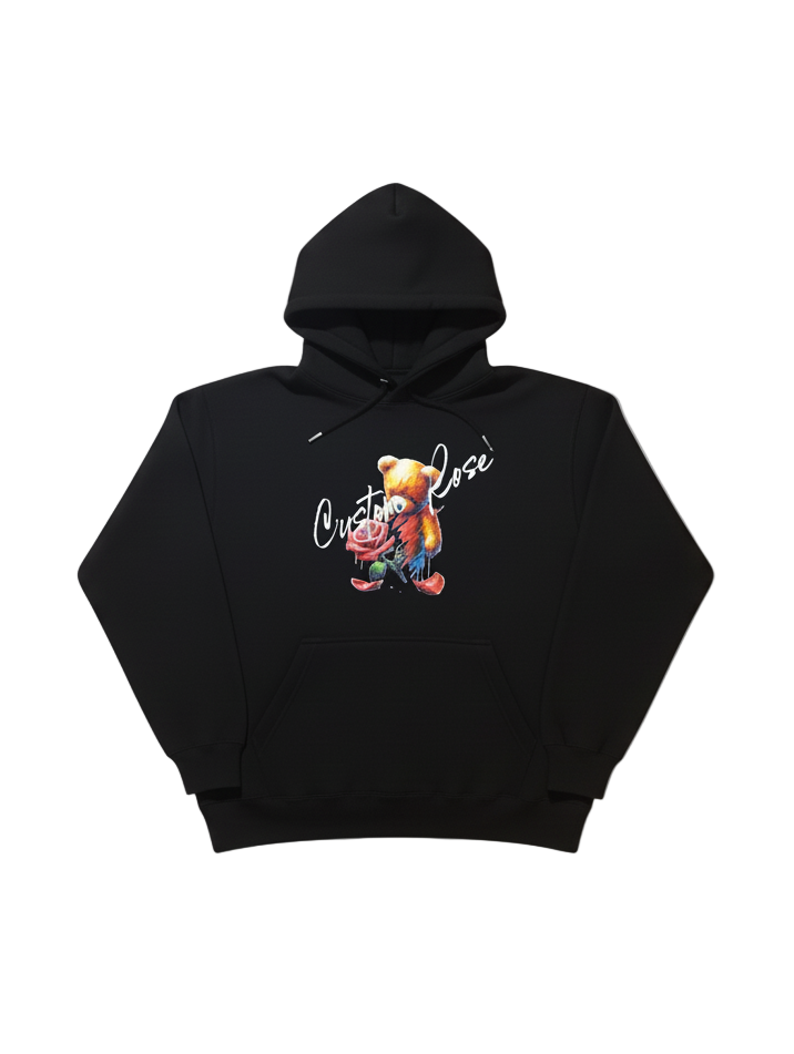 Black Heavyweight Hoodie With Teddy Bear Fading Into A Rose
