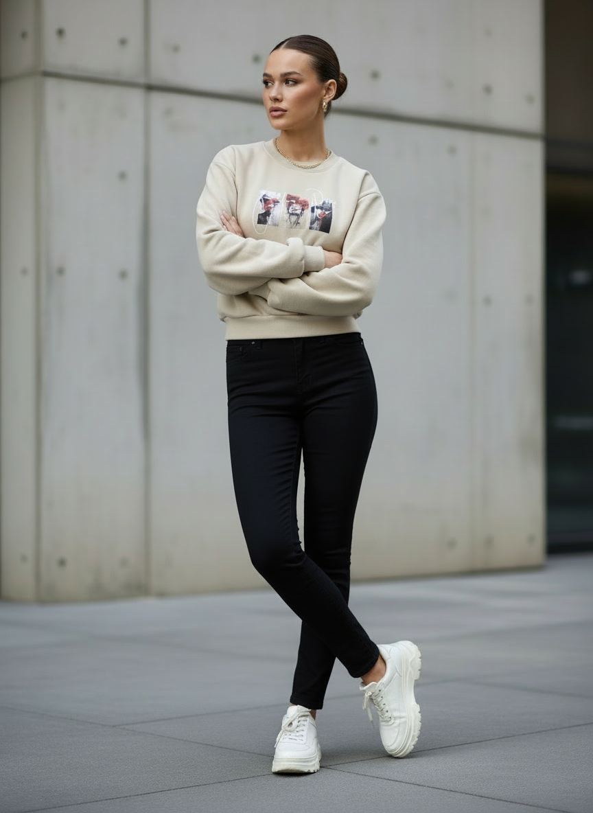 Beige Waistline Cropped With Graphic in Front