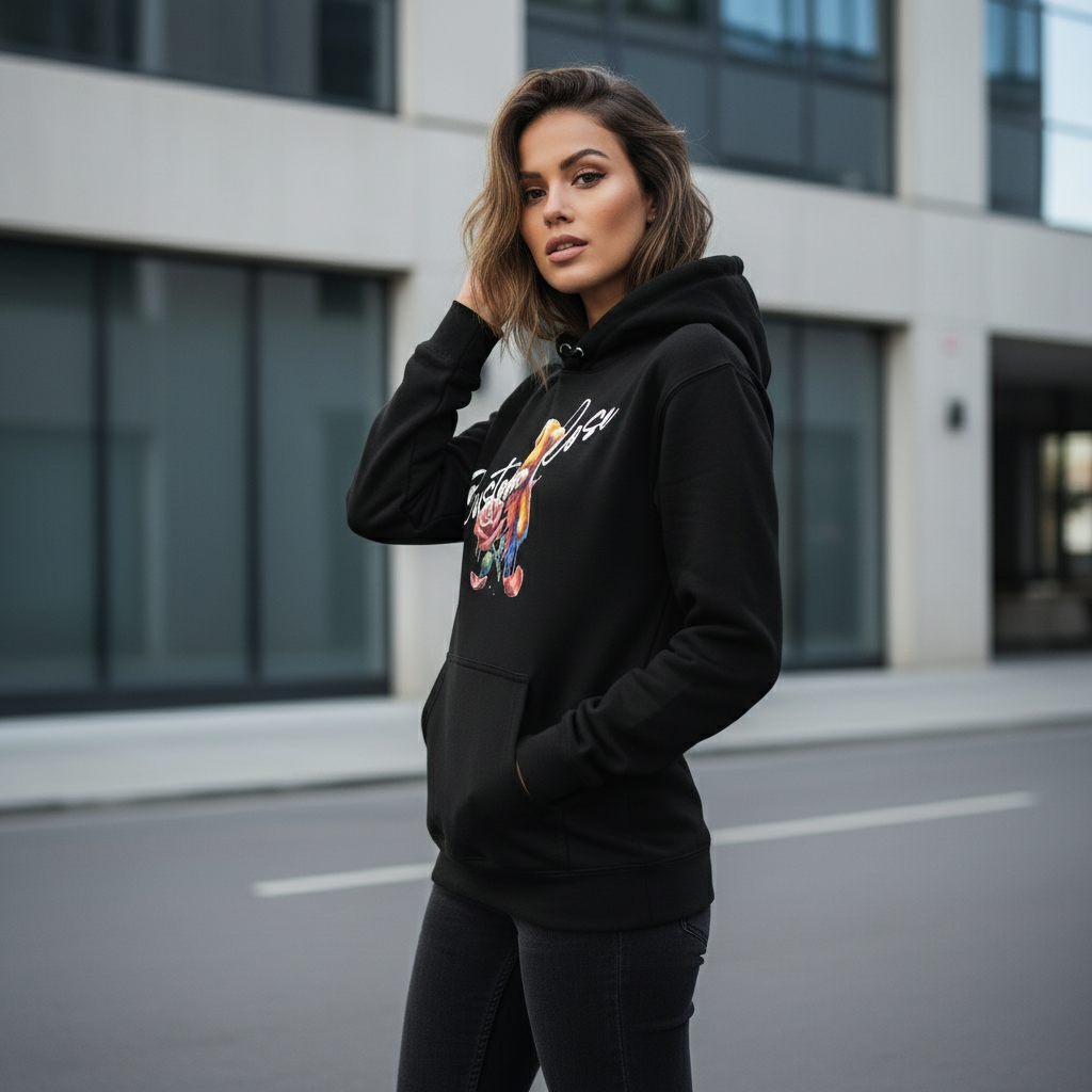 Black Heavyweight Hoodie With Teddy Bear Fading Into A Rose