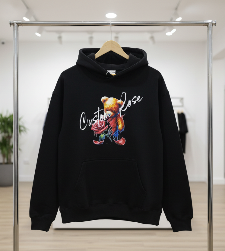 Black Heavyweight Hoodie With Teddy Bear Fading Into A Rose