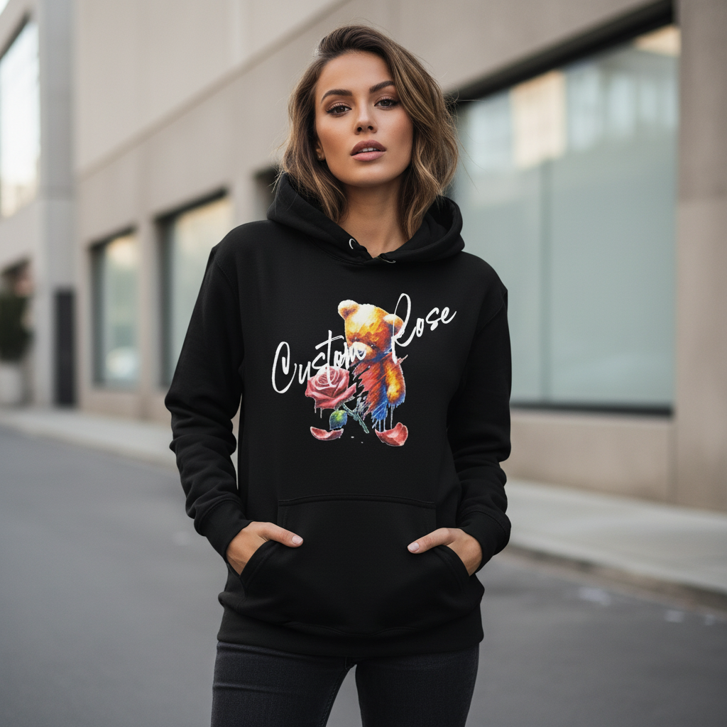 Black Heavyweight Hoodie With Teddy Bear Fading Into A Rose
