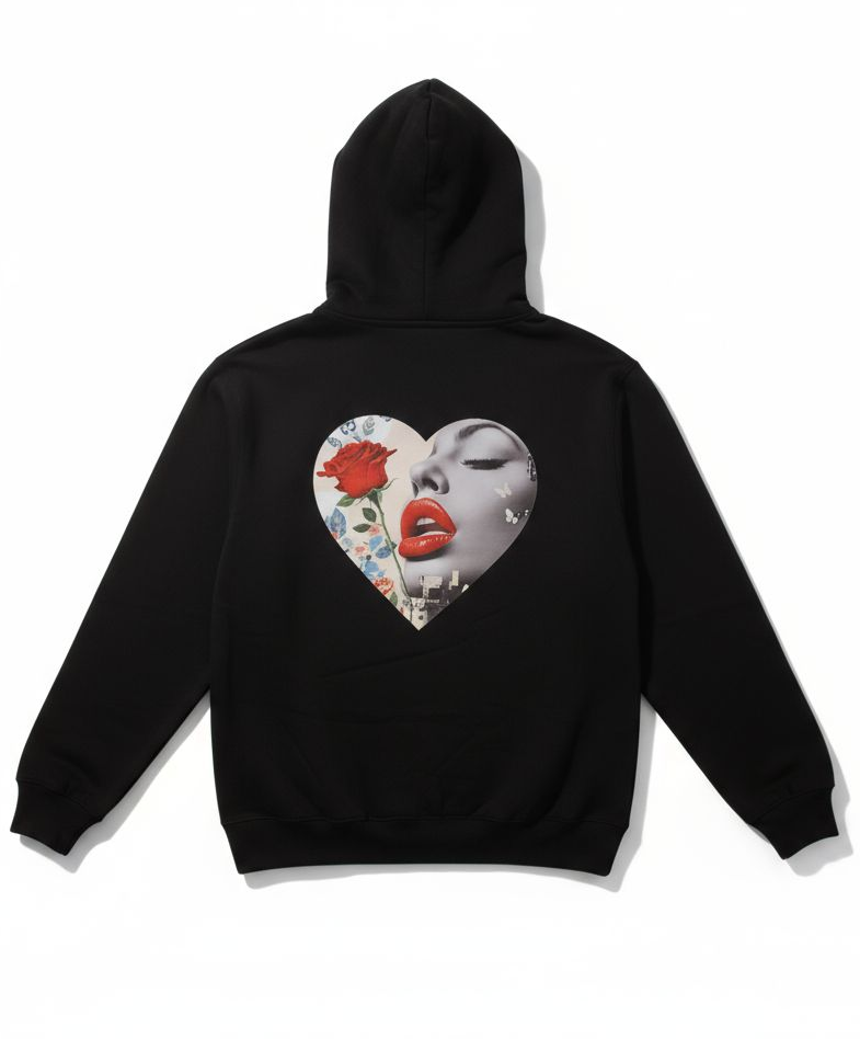 Black Heavyweight Hoodie With Heart Shape Design On The Back