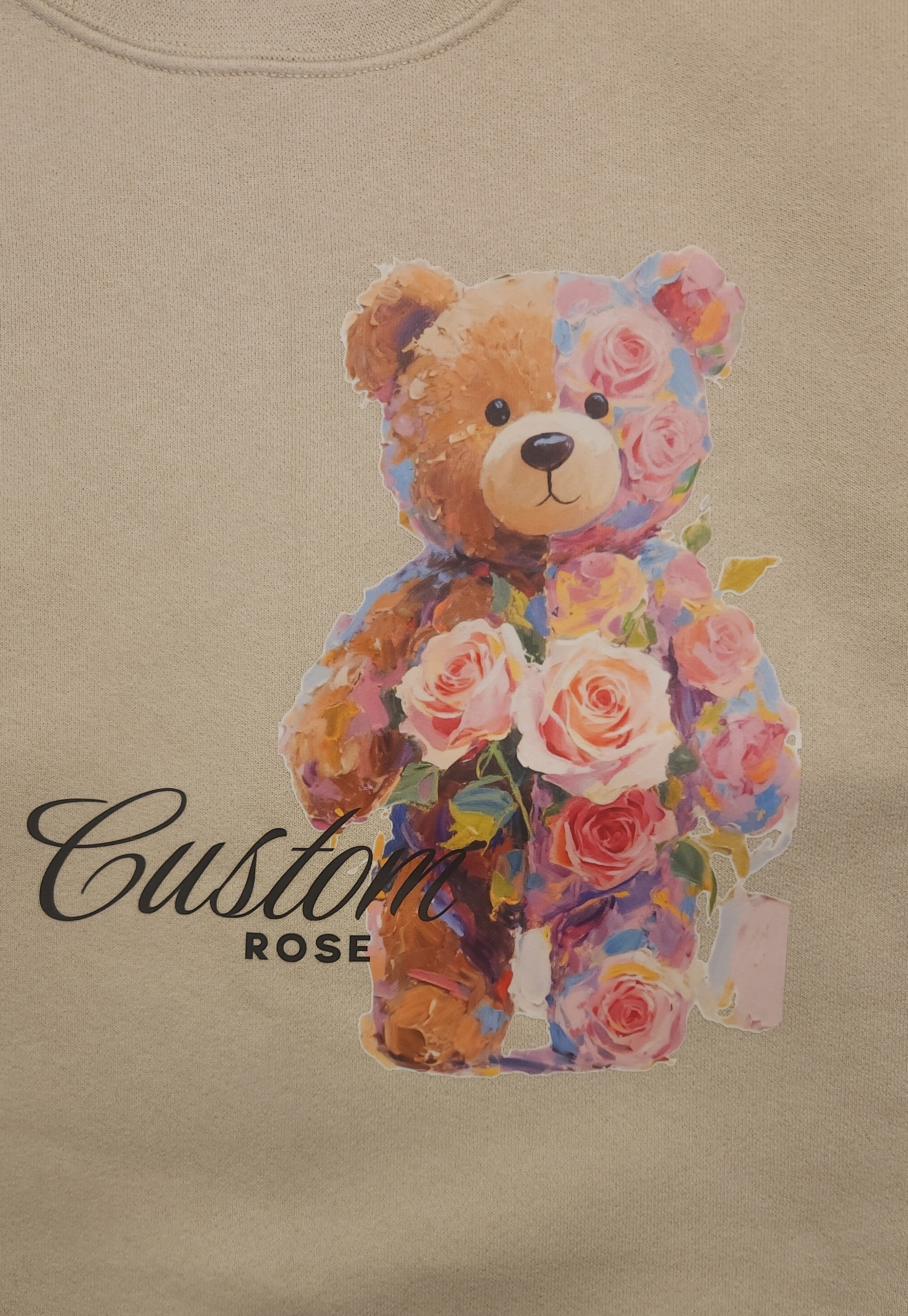 Beige Boxy Fit Crewneck With Teddy Bear