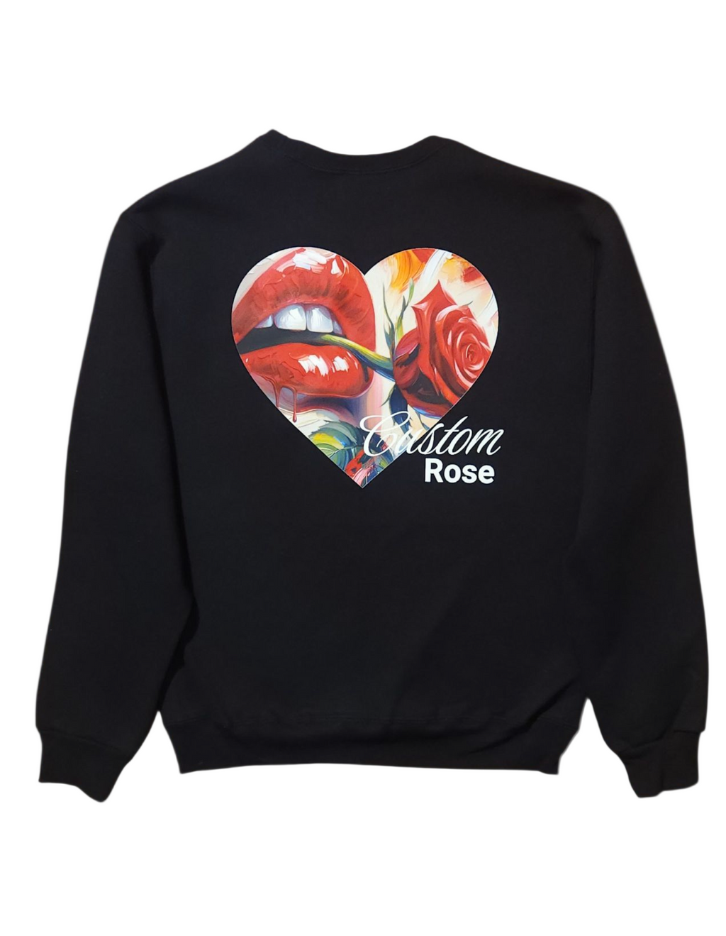 Black sweatshirt with a colorful heart design and 'Custom Rose' text on the back.