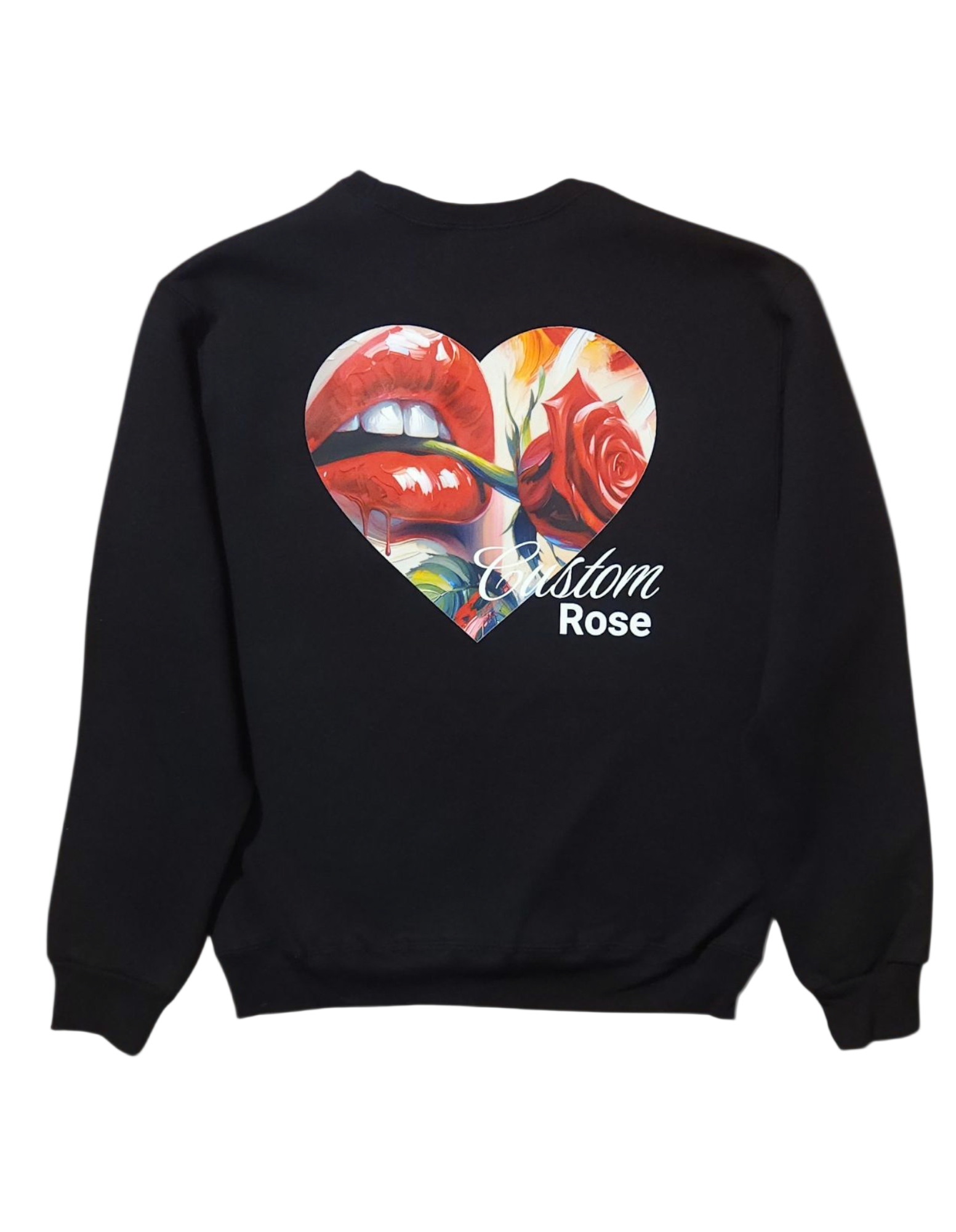 Black sweatshirt with a colorful heart design and 'Custom Rose' text on the back.