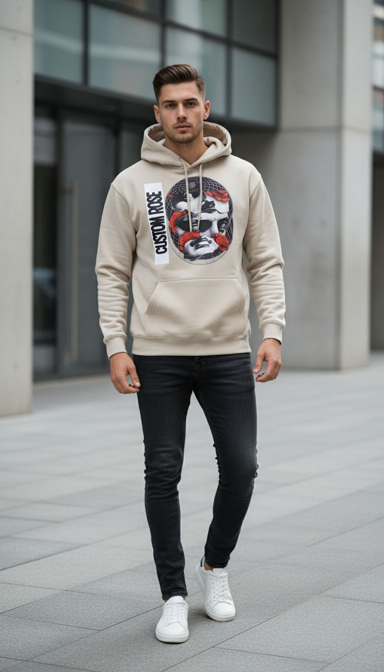 Stone Gray Heavyweight Hoodie With Graphic Designs