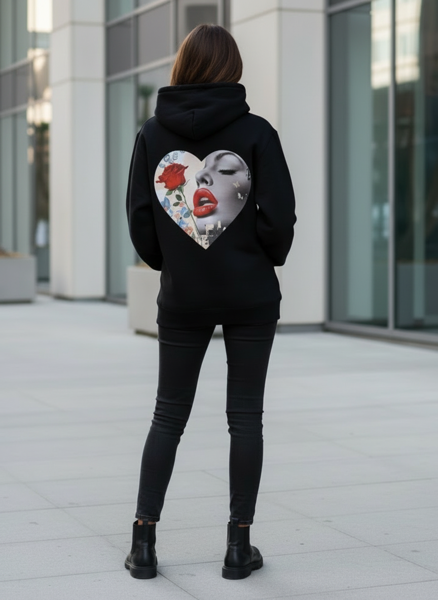 Black Heavyweight Hoodie With Heart Shape Design On The Back