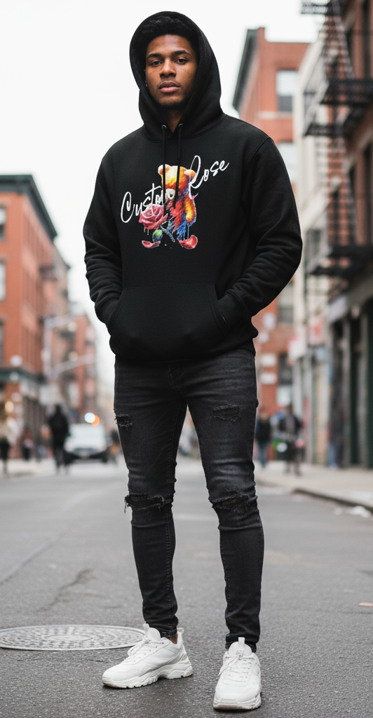 Black Heavyweight Hoodie With Teddy Bear Fading Into A Rose