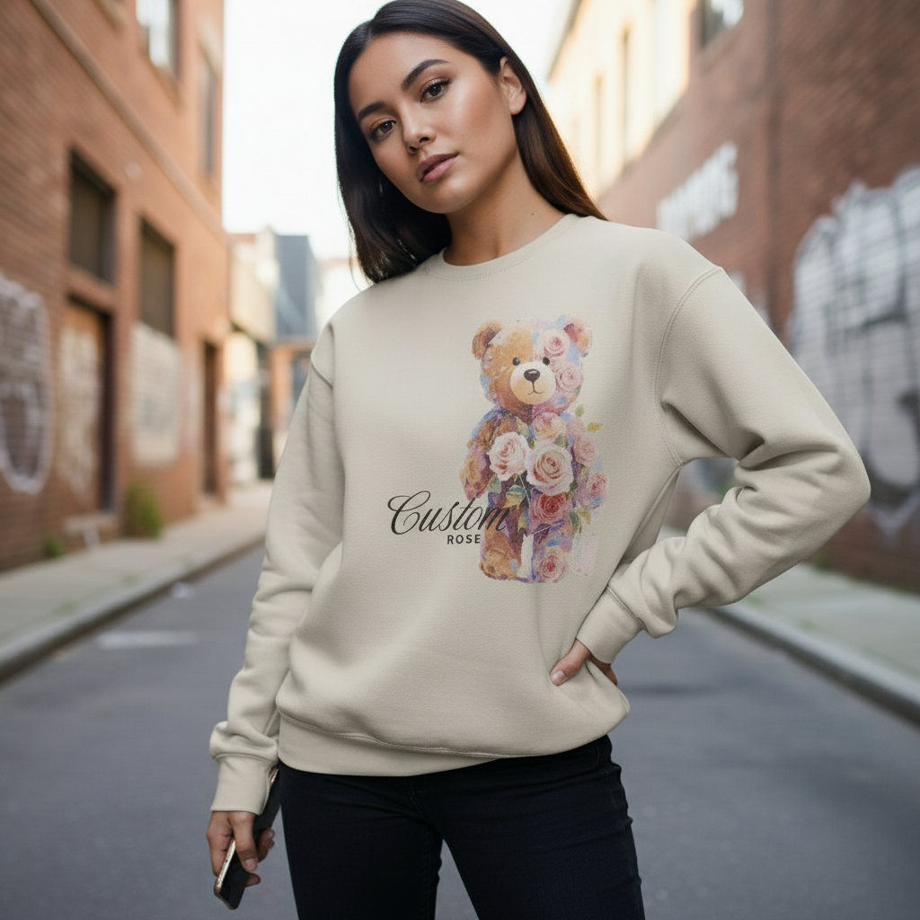 Beige Boxy Fit Crewneck With Teddy Bear