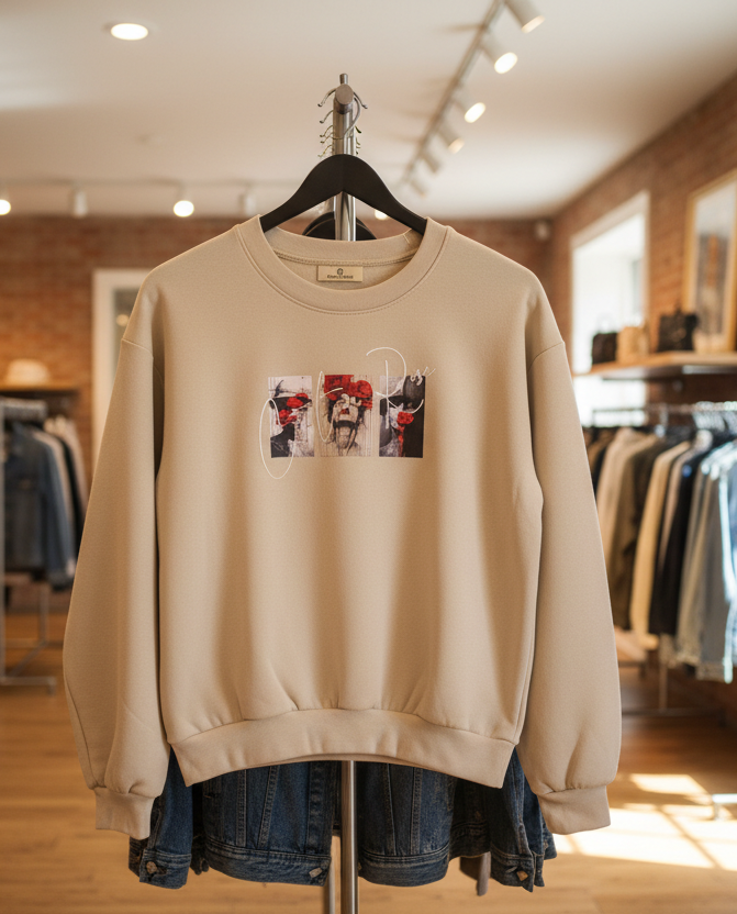 Beige Waistline Cropped With Graphic in Front