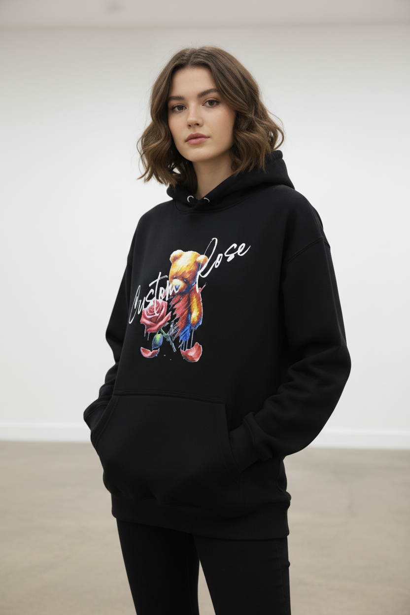 Black Heavyweight Hoodie With Teddy Bear Fading Into A Rose