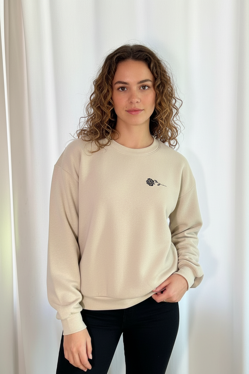Slightly Cropped Sweatshirt With Embroidery Rose
